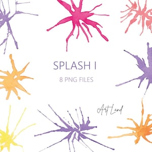 Watercolor Ink Splash Clipart - 8 PNG Files with Abstract Paint Splatter for Digital Art, Scrapbooking & Creative Designs