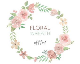 May include: A watercolor floral wreath with pink and peach flowers and green leaves. The text "FLORAL WREATH" and "Art Land" are written in the center of the wreath.