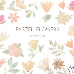 Watercolor Pastel Flowers and Leaves Clipart, Watercolour Clip Art Digital Download Free Commercial Use PNG, Clipart Set Pastel Flowers