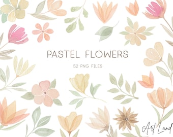 Watercolor Pastel Flowers and Leaves Clipart, Watercolour Clip Art Digital Download Free Commercial Use PNG, Clipart Set Pastel Flowers