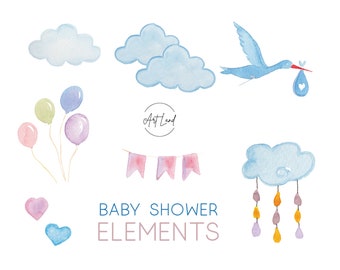 Baby Shower Clip Art, Hand painted Watercolour Clipart, Watercolor Baby Shower set Clipart, ballon, heart, cloud, stork, Clip Art, PNG