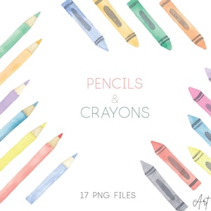 Watercolor School Pencils Crayons Clipart, Back to School Clipart, School Set Clipart PNG, Supplies PNG, Watercolour Clip Art Digital