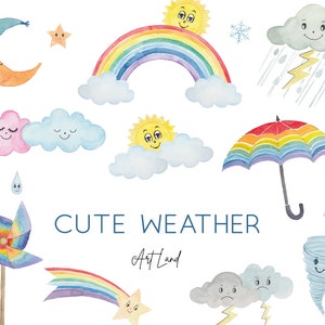 Watercolor Cute Weather Clipart - 33 Hand-Painted PNGs with Rainbow, Sun, Moon, Clouds, Rain & Snow for DIY Crafts, Free Commercial Use