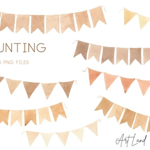 Könnte beinhalten: Ein Satz von acht Aquarell-Wimpelflaggen in verschiedenen Brauntönen, Beige und Creme. Die Flaggen sind in einer Reihe angeordnet, mit dem Text "BUNTING" und "8 PNG FILES" darunter.