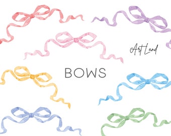 Watercolor Bows Clipart – 8 Hand-Painted Bow PNGs for DIY Projects, Pastel Ribbon Gift Bow, Digital Download, Free Commercial Use