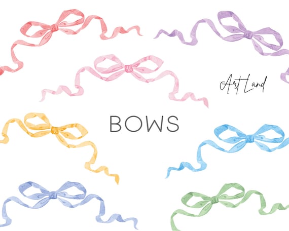 Watercolor Bows Clipart – 8 Hand-Painted Bow PNGs for DIY Projects, Pastel Ribbon Gift Bow, Digital Download, Free Commercial Use