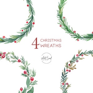 Watercolor Christmas Wreath Clipart Set – 4 Hand-Painted Holiday PNGs for DIY Cards, Winter Decor, Free Commercial Use