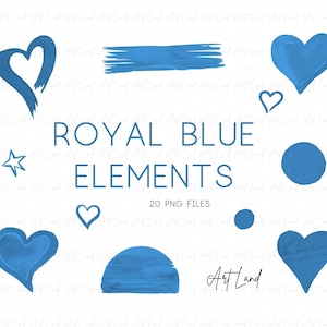 Aquarel koningsblauwe elementen clipart – 20 handgeschilderde harten, cirkels, penseelstreken, zonsondergang, ster png's, doe-het-zelf, kaarten, gratis commercieel gebruik