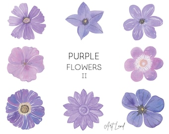 Watercolor Purple Flowers Clipart: 11 Hand-Painted Elements (PNG, Digital Download, Free Commercial Use, No-AI)