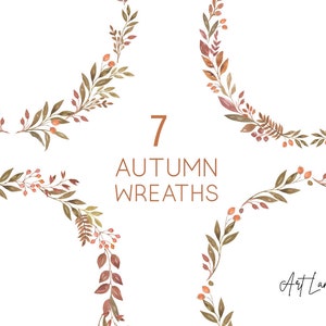May include: Seven watercolor illustrations of autumn wreaths with brown and orange leaves and red berries. The text "7 Autumn Wreaths" is in the center of the image.