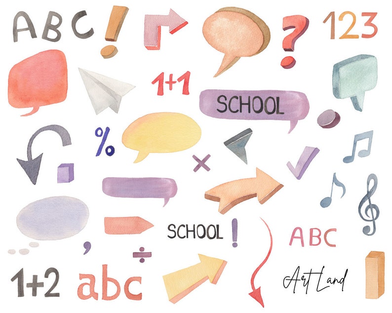 May include: Watercolor illustrations of various school-related items, including letters, numbers, arrows, speech bubbles, musical notes, and the word "SCHOOL".