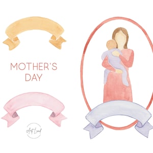 Clipart de aquarela para o Dia das Mães – 8 PNGs de mãe e filho pintados à mão para cartões DIY, presentes, convites, uso comercial gratuito