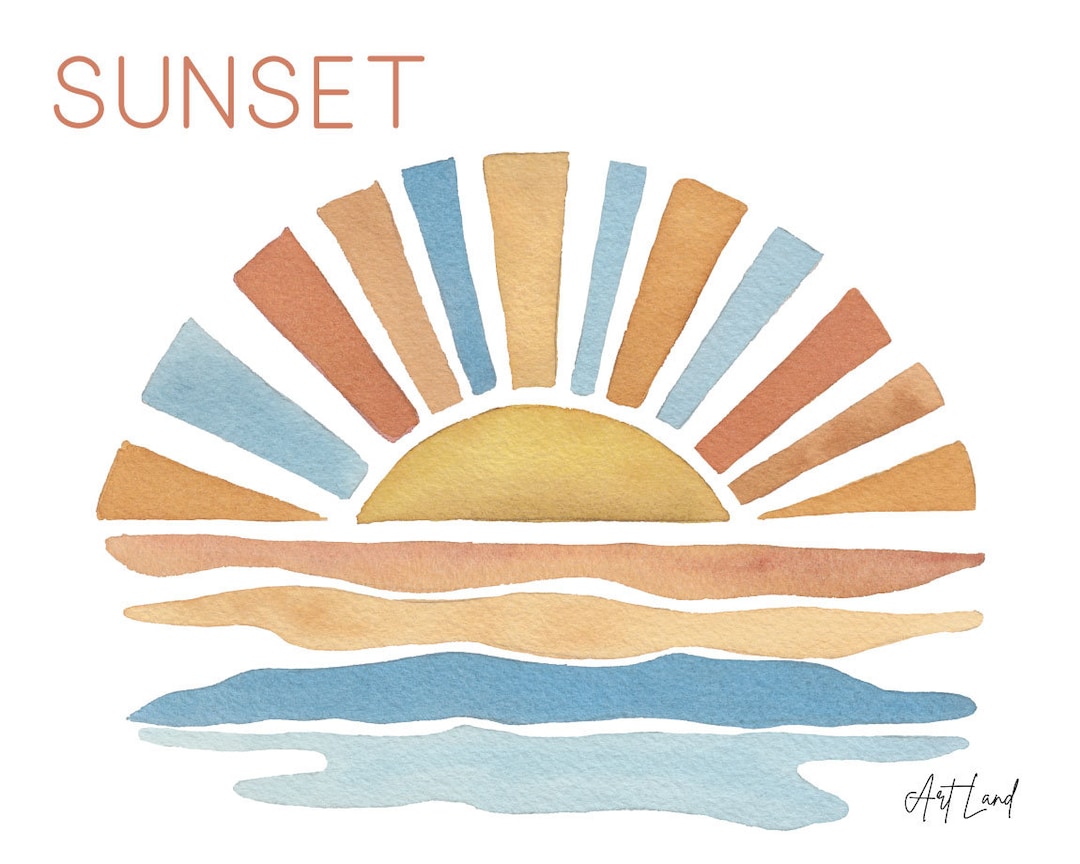 Watercolor Sunset Clipart: Hand-painted Retro Summer Sun (PNG, Digital ...