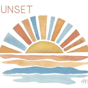 Watercolor Sunset clipart, Hand Painted Watercolour digital clip art, Beige Blue sunset, Retro Summer,Retro Sunset Clip Art, PNG
