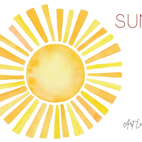 Watercolor Sun clipart, hand painted watercolour digital Sun clip art, bestseller,  warm sun, summer, vacation, Watercolor Clip Art, PNG