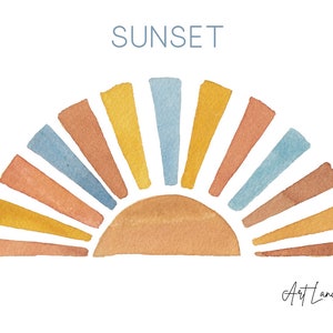 Imágenes prediseñadas de puesta de sol en acuarela, imágenes prediseñadas de sol digital pintadas a mano en acuarela, puesta de sol retro, verano, imágenes prediseñadas de acuarela, PNG