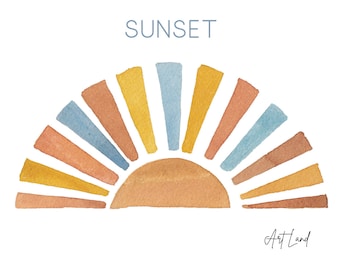 Watercolor Sunset clipart, Hand Painted Watercolour Digital Sun clip art, Retro Sunset, Summer,Watercolor Clip Art, PNG