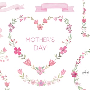 Set di clipart con cornice floreale ad acquerello per la festa della mamma - 12 elementi dipinti a mano in formato PNG per biglietti fai da te, regali, inviti, uso commerciale gratuito