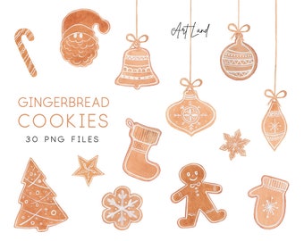 Watercolor Christmas Gingerbread Clipart, Gingerbread hand painted Cookies clip art, Christmas elements Clipart, PNG