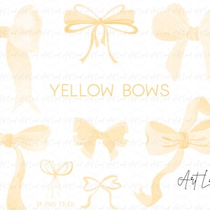 Watercolor Yellow Bows Clipart – 18 Hand-Painted Ribbon Bows PNG, Gift Bow Clipart Set, High-Resolution Digital Art, Instant Download
