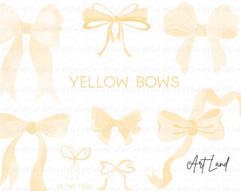 Watercolor Yellow Bows Clipart – Hand Painted Ribbon Bows, PNG, Digital Download