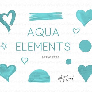 Clipart aquarel Aqua Elements – 20 handgeschilderde harten, cirkels, penseelstreken, png's voor zonsondergang en sterren voor doe-het-zelf, kaarten, gratis commercieel gebruik