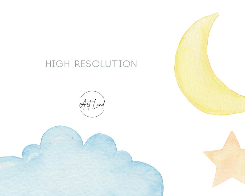 May include: A watercolor illustration of a blue cloud, a yellow crescent moon, and a yellow star on a white background. The text "HIGH RESOLUTION" and "Art Land" are also included in the image.