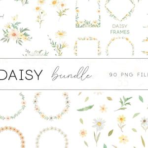 May include: A set of 90 daisy floral illustrations, including wreaths, frames, and individual flowers. The illustrations are in a watercolor style with soft green and yellow tones. The text "DAISY bundle 90 PNG FILES" is displayed on a white background.