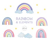 Watercolor Rainbow Clipart Set – 14 Hand-Painted Rainbows with Clouds & Stars PNGs for DIY Crafts, Nursery Decor, Free Commercial Use