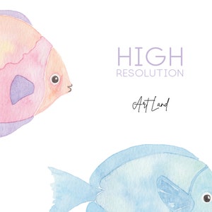 May include: Two watercolor fish, one pink and one blue, with a white background. The text "HIGH RESOLUTION Art Land" is in the upper right corner.