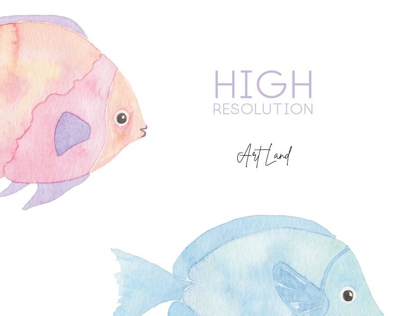 May include: Two watercolor fish, one pink and one blue, with a white background. The text "HIGH RESOLUTION Art Land" is in the upper right corner.