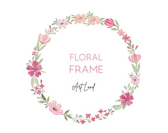 May include: A watercolor floral wreath with pink and peach flowers, green leaves, and the text "FLORAL FRAME Art Land".
