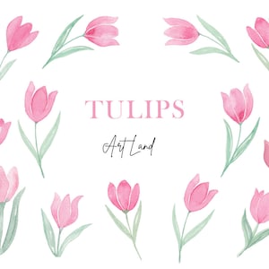 Watercolor Tulips Clipart Set – 21 Hand-Painted Pink Tulip PNGs for DIY Spring & Easter Crafts, Invitations, Free Commercial Use