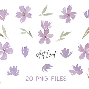 Watercolor Purple Flowers & Leaves Clipart – 20 Hand-Painted PNGs for DIY Crafts, Invitations, Floral Design, Free Commercial Use image 2