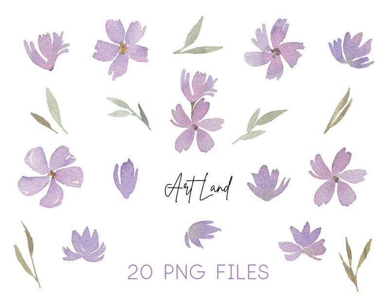 Watercolor Purple Flowers & Leaves Clipart – 20 Hand-Painted PNGs for DIY Crafts, Invitations, Floral Design, Free Commercial Use image 2