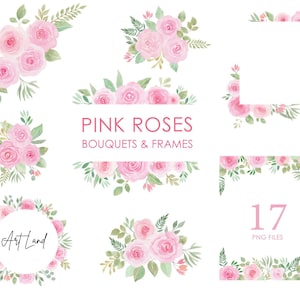 Watercolor Floral Clipart Pink Roses Flower, Watercolour Clip Art Digital Download Free Commercial Use PNG, Clipart Set Bouquets Frames