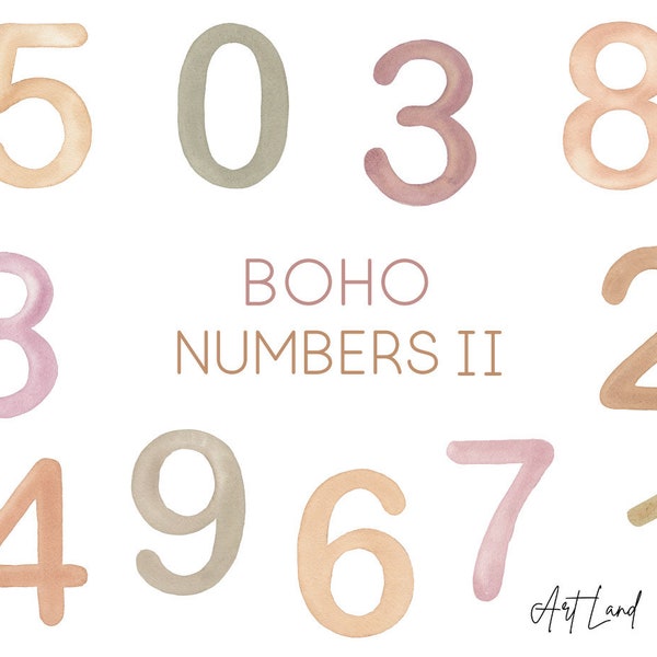 Watercolor Numbers,  Boho Numbers Clipart, Clip art Party Invitation , Baby Milestones,Months Baby,Hand painted Watercolour Clipart,  PNG