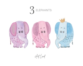 Könnte beinhalten: Aquarell-Illustration von drei Elefanten. Zwei Elefanten sind rosa mit lila Flecken und ein Elefant ist blau mit weißen Flecken. Der blaue Elefant trägt eine goldene Krone. Der Text "3 ELEPHANTS" befindet sich über den Elefanten.