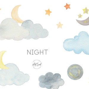 Cloud Star Moon Watercolor Clip Art Set, Hand painted Clouds Stars Watercolour Clipart, Watercolor set Clipart, Night Clip Art, PNG