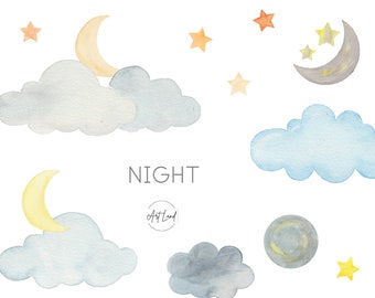 Cloud Star Moon Watercolor Clip Art Set, Hand painted Clouds Stars Watercolour Clipart, Watercolor set Clipart, Night Clip Art, PNG