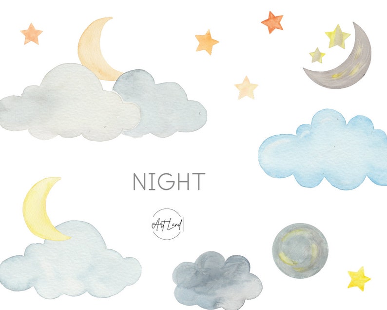 May include: Watercolor illustration of a night sky with clouds, stars, and crescent moons. The text "NIGHT" is written in black lettering. The text "Art Land" is written in a circle.
