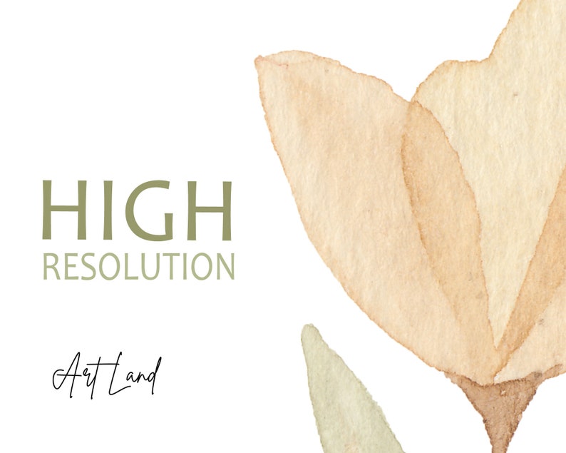 May include: A watercolor painting of a light brown flower with a green stem. The text "HIGH RESOLUTION" and "Art Land" are written below the flower.