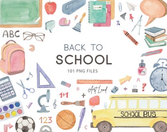 Watercolor School Clipart, Back to School Clipart, School Clipart PNG, Chalkboard, Supplies PNG, School Bus, Watercolour Clip Art Digital