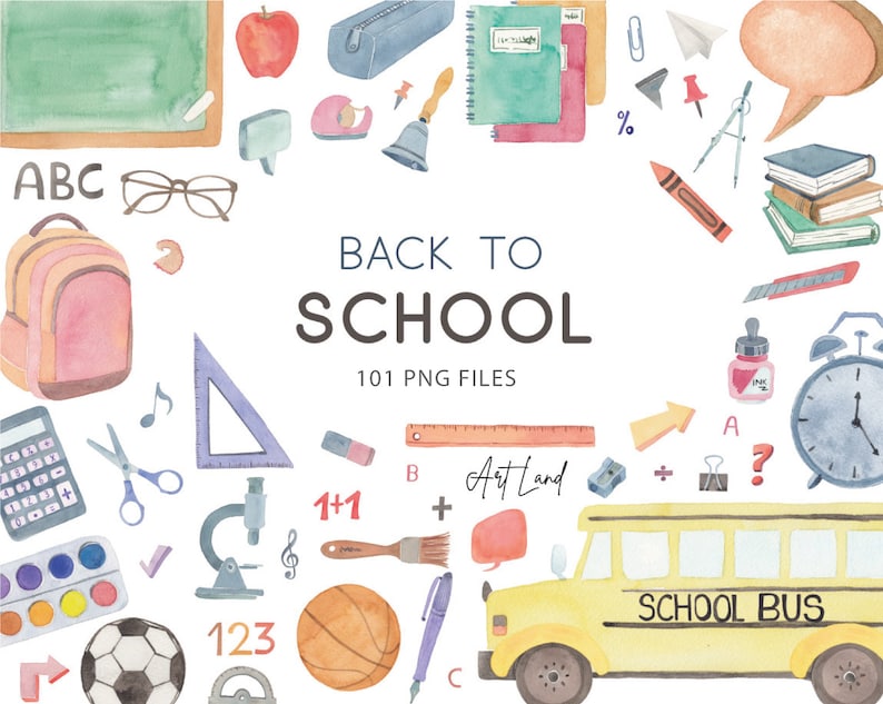 May include: A set of 101 watercolor illustrations of school supplies, including a backpack, a school bus, a ruler, a pencil, a calculator, a microscope, a paint palette, a soccer ball, a basketball, a bell, a book, a compass, a protractor, a pencil sharpener, a pair of scissors, a music note, a paintbrush, a globe, a chalkboard, a notebook, a pencil, a crayon, a pushpin, a paper airplane, a speech bubble, a magnifying glass, a clock, a bottle of ink, a piece of paper with the letters 'ABC' on it, a piece of paper with the numbers '123' on it, a piece of paper with the numbers '1+1' on it, a piece of paper with the letters 'A' and '?' on it, a piece of paper with the word 'Art Land' on it, a piece of paper with the words 'School Bus' on it, and a piece of paper with the words 'Back to School' on it.
