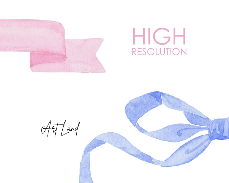 Peut inclure: Illustration &agrave; l'aquarelle avec une banni&egrave;re rose et un n&oelig;ud de ruban bleu sur fond blanc. Le texte "HIGH RESOLUTION" est en rose et le texte "Art Land" est en noir.
