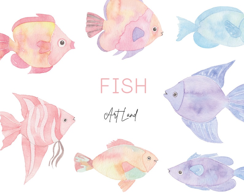 May include: Watercolor illustration of seven colorful fish with the word "FISH" and the text "Art Land" in pink lettering.