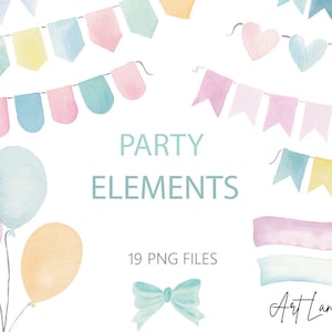 Aquarel partij clipart, verjaardag aquarel clip art elementen, verjaardagsgors, baby kleuren feest, ballon, gors, glinsterende clip art, png