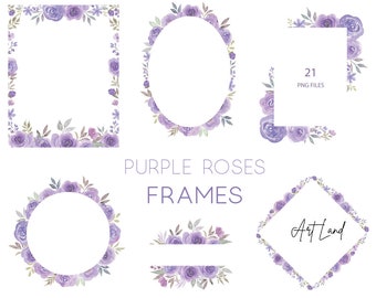 Watercolor Floral Clipart Purple Roses Frames, Watercolour Clip Art Digital Download Free Commercial Use PNG, Set Purple Flower Frames