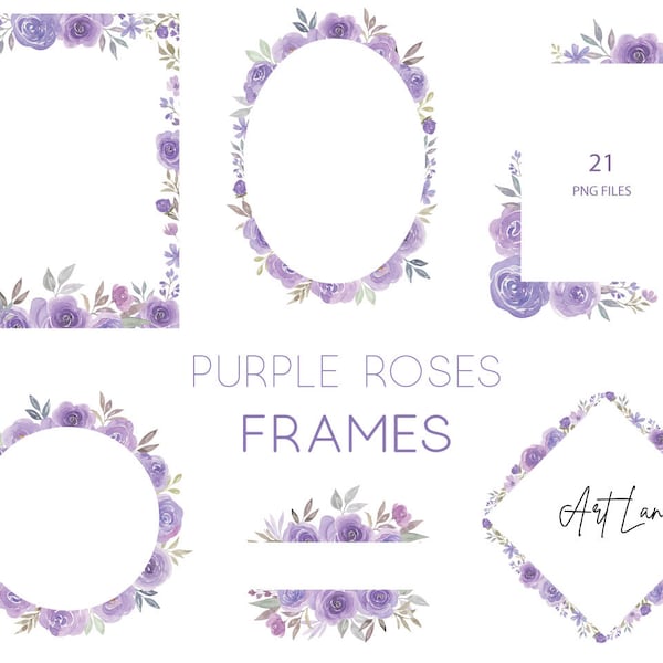 Watercolor Floral Clipart Purple Roses Frames, Watercolour Clip Art Digital Download Free Commercial Use PNG, Set Purple Flower Frames