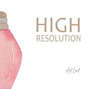 Op de afbeelding: Een aquarel-illustratie van een roze kerstbal met een bruine en grijze bovenkant. De tekst "HOGE RESOLUTIE" staat in bruine tekst onder de bal. De tekst "Art Land" staat in cursief onderaan de afbeelding.